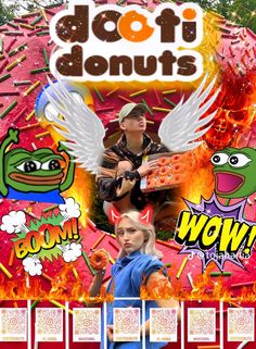 an advertisement for donuts with images of people in front of them and the words donuts
