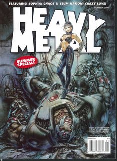 the cover to heavy metal magazine, featuring an image of a woman standing on top of a