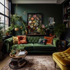 a living room filled with furniture and lots of plants