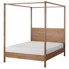 a bed with a wooden frame and white sheets on it's headboard, against a white background