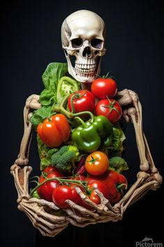 a human skeleton holding a pile of vegetables