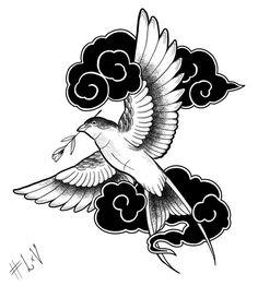 a black and white drawing of a bird flying in the sky with clouds behind it