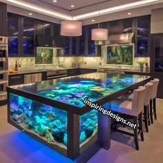 an aquarium in the middle of a kitchen