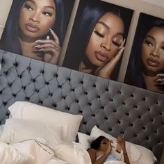 a woman laying on top of a bed next to three pictures of women in the background