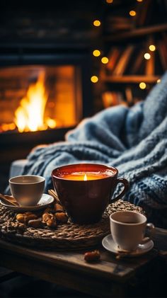 a cup of tea and two cups on a tray in front of a fire place