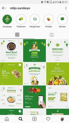 the menu page on an iphone with green and white designs, including broccoli