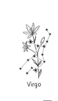 the word virgo written in black ink on a white background with flowers and stars