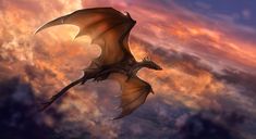 a dragon flying through the air with clouds in the background