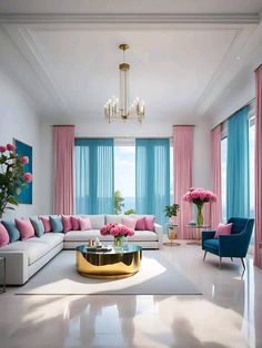 a living room filled with furniture and pink curtains