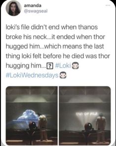 two people standing in front of a car with the caption that reads, look's file didn't end when thanos broke his neck it ended when