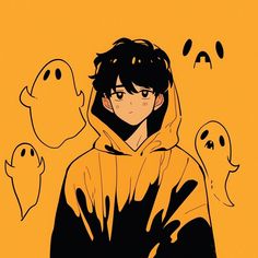 a boy in a hoodie surrounded by ghost faces