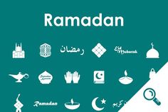 the ramadan symbols are shown in white and green colors on a teal background