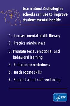 Adolescent mental health has been worsening for more than a decade, and schools are at the forefront for action. To help school and district leaders build on what they are already doing to promote students’ mental health—and find new strategies to fill in gaps—CDC released a mental health action guide. Click to explore the guide and find ways to put each strategy into action.

#CDCMentalHealth #MentalHealth #YouthMentalHealth #TeenHealth #HealthEd #SchoolHealth School Nursing, Mental Health Therapy, Early Intervention