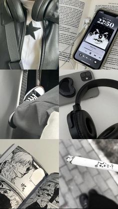a collage of photos with headphones and books