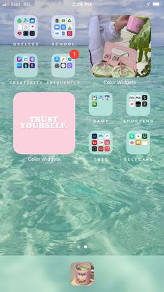 an iphone screen with the words trust yourself on it and various icons in pink, white and blue