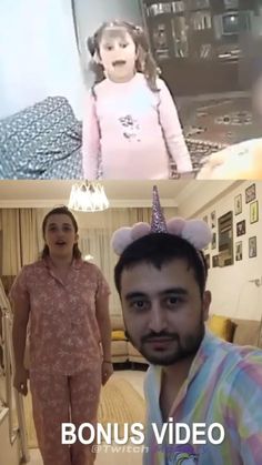 two people in pajamas and one is wearing a birthday hat while the other wears a party hat