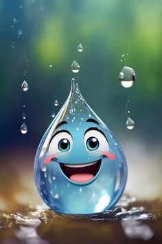 a blue water drop with a smiling face on it's side and raindrops hanging from the drops