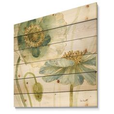 an image of two flowers painted on wooden planks in green and blue colors with white background