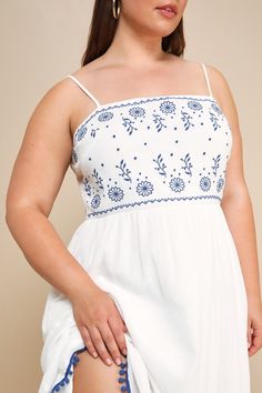 You'll perfectly match the sunny streets and whitewashed houses in in the Lulus Mallorca Muse White and Blue Embroidered Midi Dress! Lightweight woven cotton shapes this airy dress that has adjustable spaghetti straps and a darted bodice with adorable floral embroidery. High waist tops a slightly flared skirt that falls to a tiered midi hem with crochet trim. Smocked panel at back for fit. Fit: This garment fits true to size. Length: Mid-calf length. Size medium measures 38" from adjustable stra Embroidered Blue Dress, Embroidered Hem, Airy Dress, Lulu Fashion, Embroidered Midi Dress, Crochet Trim, Flared Skirt, Woven Cotton, Flare Skirt