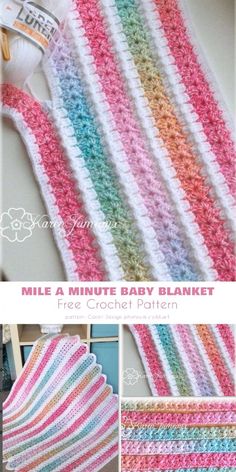 a crocheted blanket made with multicolored yarns and text that reads milk a minute baby blanket free crochet pattern