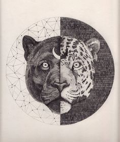 a black and white drawing of a tiger's head with the moon on it