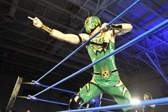 a man in a wrestling ring with his arms stretched out and one hand on the ropes