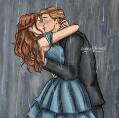 a man and woman kissing in the rain under an umbrella with their arms around each other