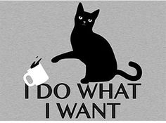 a black cat holding a coffee mug with the words i do what i want