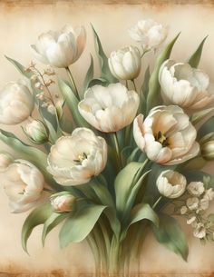 a bouquet of white tulips in a vase on an old - fashioned background