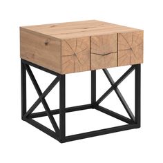 a wooden table with two drawers on one side and black metal legs, against a white background