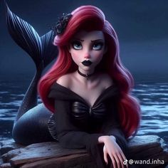 a mermaid with red hair sitting on a rock