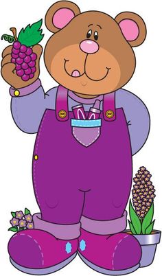 a teddy bear holding a bunch of grapes in his hand and wearing overalls with the letter m on it's chest
