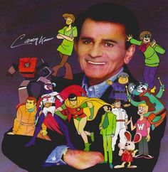 an advertisement for the animated television series, scooby doos with a smiling man surrounded by cartoon characters