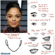 a woman's face with different makeup shapes and how to draw her lips on it