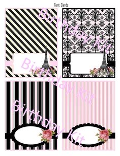 four different greeting cards with the eiffel tower in black and white, pink and green