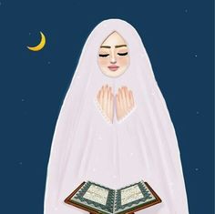 an illustration of a muslim woman with her hands folded open and reading a book in front of the moon