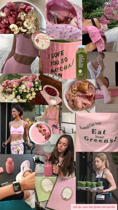 a collage of photos with pink and green items