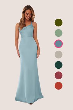 This floor length dress features a cowl neckline and criss cross strap back. Special Event Dresses Parties, Short Bride, Silver Bridesmaid Dresses, Military Ball Dresses, Sage Dress, Special Event Dresses, Blue Bridesmaid Dress, Mother Wedding Dress, Blue Bridesmaid