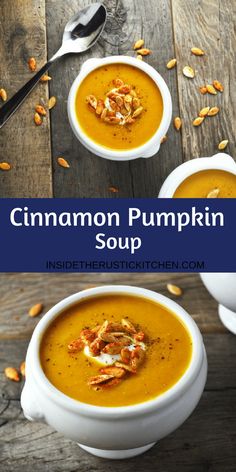 two white bowls filled with pumpkin soup on top of a wooden table