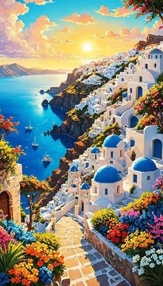 Santorini Aesthetic Wallpaper, Santorini Greece Wallpaper, Amalfi Wallpaper, Paintings Of Greece, Santorini Wallpaper, Santorini Aesthetic, Greek Landscape, Greece Wallpaper, Grecia Santorini