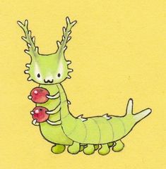 a drawing of a green caterpillar holding two red mushrooms