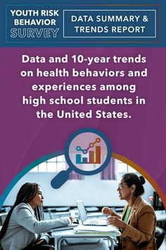 two women sitting at a table talking to each other with the text data and 10 - year trend on health behavior among high school students in the united states