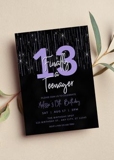 a black and pink 13th birthday party card with the number thirteen on it's front