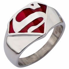 Superman Man of Steel Stainless Steel and Red Enamel Signet Ring (SUPMFR8412)  #greenarrow #igdaily #menstyle #watchgeek #poisonivy #marvel #dormammu #michaelkeaton #rubber #instafashion Be A Hero and shop at SuperheroWatches.com. 5% of each order goes to charity. Superman Ring, Superman Gifts, Superman Symbol, Ring Boy, Graduation Rings, Superman Man Of Steel, Super Man, Man Ring, Dc Comics Superman