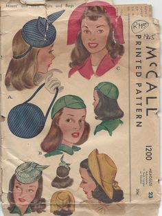 ~ Circa/Date: 1945 ~ Details:  Three style variation HAT, CAP & BAG  ~ Size/Measurements (Inches):    Head Size: 23″ Adjustable 1/2″ larger or smaller    Please Note: ~ You are buying a 'Professional Reproduced' copy of this sewing pattern. Copied from the original sewing pattern. Produced in Full Scale Pattern Pieces ready to cut with full instructions included. Reproduced on high quality 50 gm paper with black ink, durable and easier for reuse. Printed by a Professional Printing Company.   ~ With this product comes an accompanying 'Booklet' and inside the Booklet it includes: ~ A 2-page Instructions and Illustrations on 'How to Adjust Your pattern to your Personal Measurement.' ~ Personal Measurement Chart ~ Body Form Illustrations ~ Fitting Checklist ~ Metric Equivalency Chart ~ Note Pa Molde, Vintage Vogue Sewing Patterns, Patron Vintage, Sew In Weave, Scale Pattern, Vogue Sewing, Vogue Sewing Patterns, Motif Vintage, Retro Mode