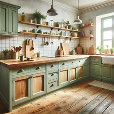 a kitchen filled with lots of green cabinets and wooden flooring next to a window