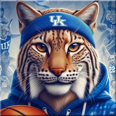 a tiger wearing a blue hoodie and holding a basketball