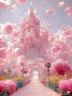 a pink castle surrounded by clouds and flowers