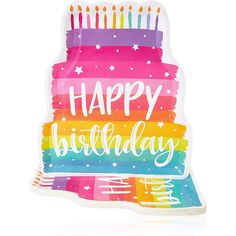 a birthday card with the words happy birthday in rainbows and stars on it's side