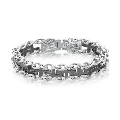 Intricate and elegant, this bracelet is just his unique style. Beautifully crafted in stainless steel, this bracelet features an inner row of black ion-plated cross-shaped links bordered on either side with polished steel looping links. A handsome look for him, this 8.5-inch bracelet secures with a fold-over clasp. Beauty, Black, Plating, Stainless Steel Bracelet, Link Bracelets, Unique Style, Stainless Steel, Bracelet